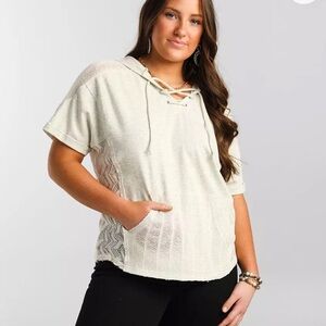 NWOT- Miss Me Crochet Hooded Top grey, cream size large